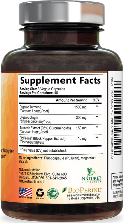 Turmeric Curcumin Komplex - 95% Curcuminoiden mit Bio-Kurkuma & Ingwer, BioPerine Schwarzer Pfeffer Extrakt für beste Absorption, Natürliche vegane Gelenkunterstützung, Non-GMO, Abgefüllt in den USA - 120 Kapseln