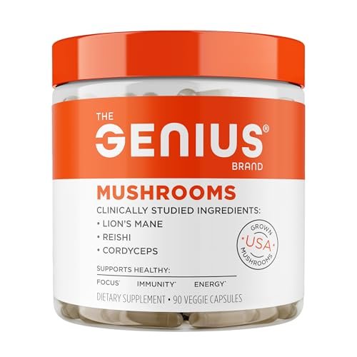 Genius Brand Genius Mushrooms – Pflanzliches Supplement für Immun-, Fokus- & Energieunterstützung – Löwenmähne, Cordyceps & Reishi – Bio & Non-GMO – 90 Veggie-Kapseln