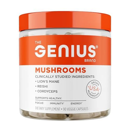 Genius Brand Genius Mushrooms – Pflanzliches Supplement für Immun-, Fokus- & Energieunterstützung – Löwenmähne, Cordyceps & Reishi – Bio & Non-GMO – 90 Veggie-Kapseln