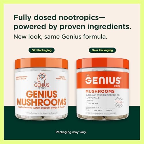 Genius Brand Genius Mushrooms – Pflanzliches Supplement für Immun-, Fokus- & Energieunterstützung – Löwenmähne, Cordyceps & Reishi – Bio & Non-GMO – 90 Veggie-Kapseln