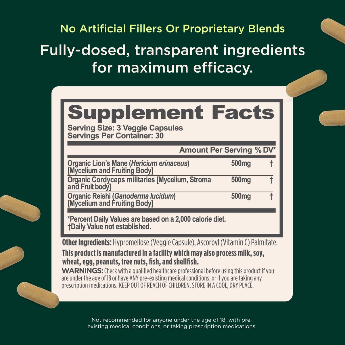 Genius Brand Genius Mushrooms – Pflanzliches Supplement für Immun-, Fokus- & Energieunterstützung – Löwenmähne, Cordyceps & Reishi – Bio & Non-GMO – 90 Veggie-Kapseln