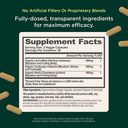 Genius Brand Genius Mushrooms – Pflanzliches Supplement für Immun-, Fokus- & Energieunterstützung – Löwenmähne, Cordyceps & Reishi – Bio & Non-GMO – 90 Veggie-Kapseln