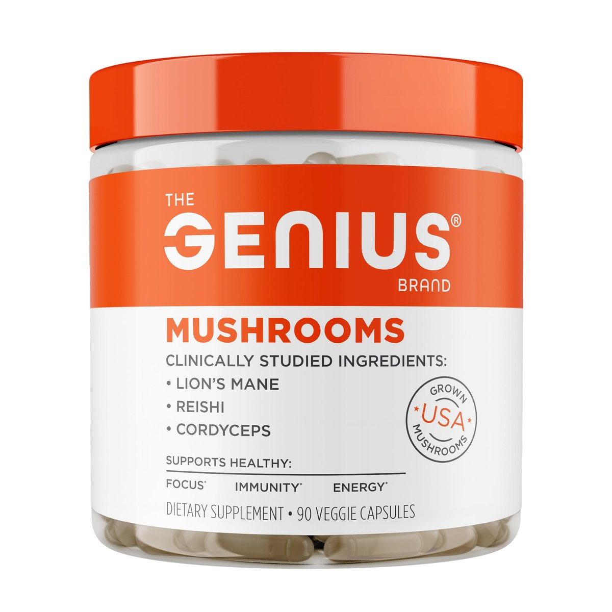 Genius Brand Genius Mushrooms – Pflanzliches Supplement für Immun-, Fokus- & Energieunterstützung – Löwenmähne, Cordyceps & Reishi – Bio & Non-GMO – 90 Veggie-Kapseln
