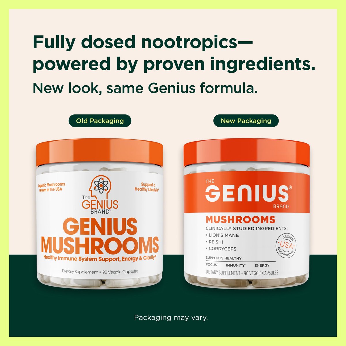 Genius Brand Genius Mushrooms – Pflanzliches Supplement für Immun-, Fokus- & Energieunterstützung – Löwenmähne, Cordyceps & Reishi – Bio & Non-GMO – 90 Veggie-Kapseln