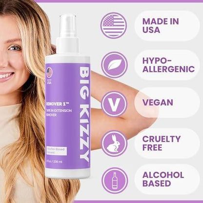 Big Kizzy Tape in Extension Remover (8oz) & Tape Ins Residue Remover (4oz) – Zweistufiges System zur Entfernung von Tape-Extensions und Kleberückständen