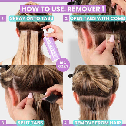 Big Kizzy Tape in Extension Remover (8oz) & Tape Ins Residue Remover (4oz) – Zweistufiges System zur Entfernung von Tape-Extensions und Kleberückständen