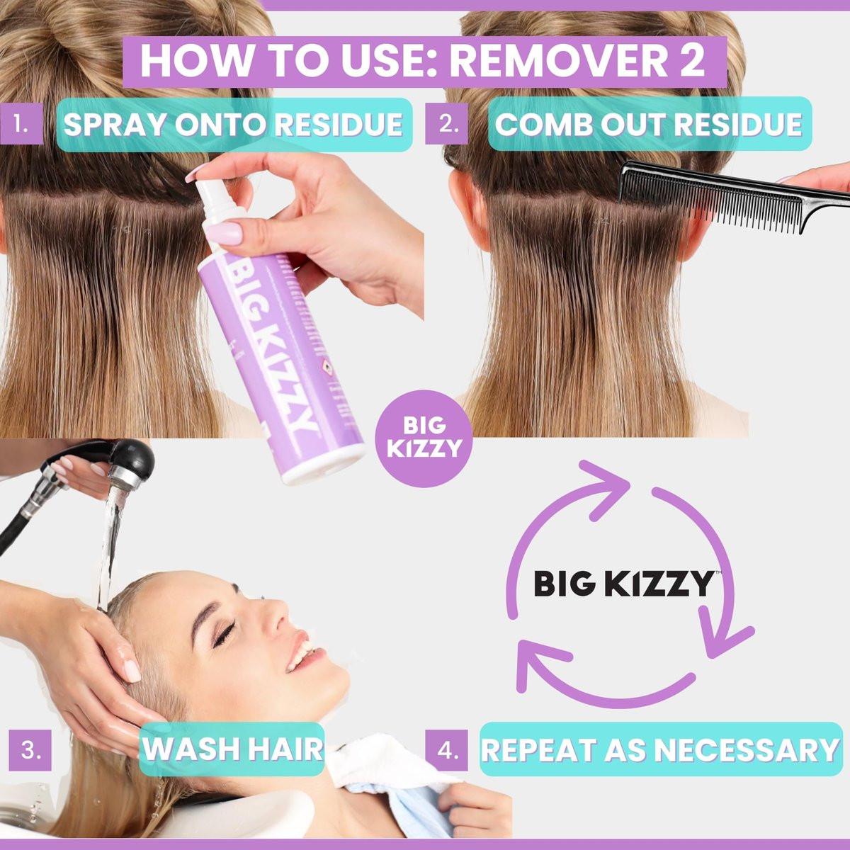 Big Kizzy Tape in Extension Remover (8oz) & Tape Ins Residue Remover (4oz) – Zweistufiges System zur Entfernung von Tape-Extensions und Kleberückständen