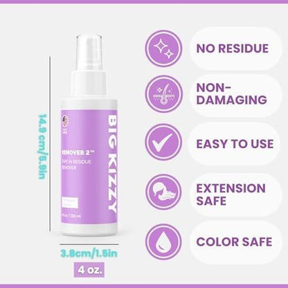 Big Kizzy Tape in Extension Remover (8oz) & Tape Ins Residue Remover (4oz) – Zweistufiges System zur Entfernung von Tape-Extensions und Kleberückständen
