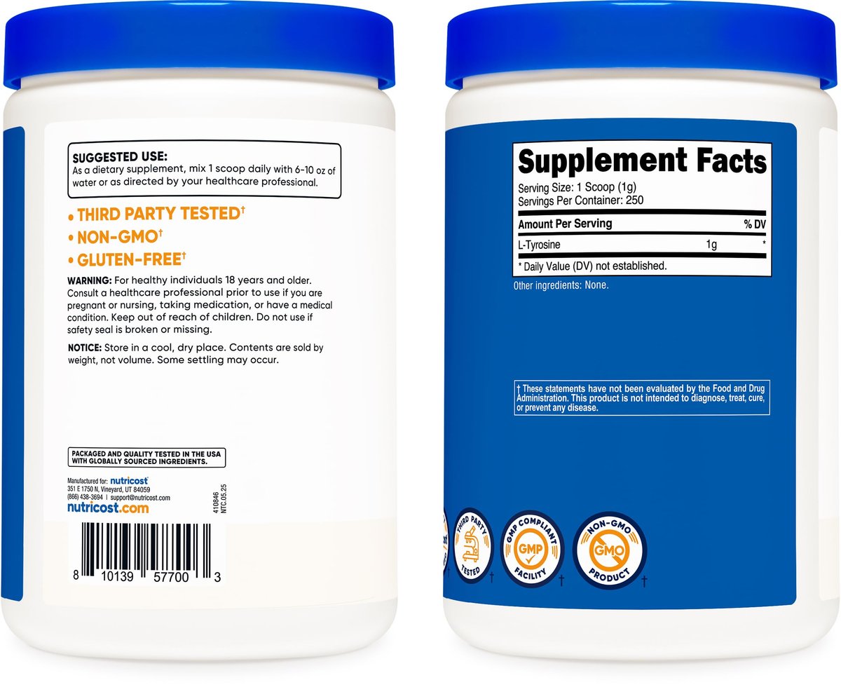 Nutricost L-Tyrosin Pulver 250 g – Reines L-Tyrosin Pulver, 1000 mg pro Portion