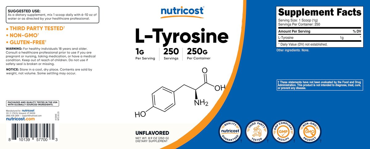 Nutricost L-Tyrosin Pulver 250 g – Reines L-Tyrosin Pulver, 1000 mg pro Portion