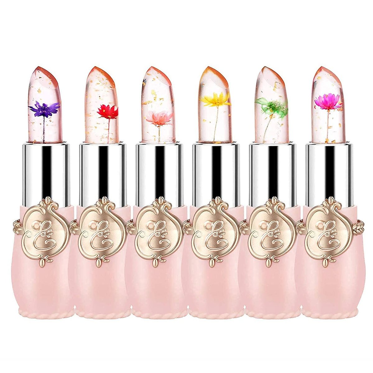 6er-Pack Crystal Flower Jelly Lipstick – Feuchtigkeitsspendender, farbwechselnder Lipgloss – Geschenk für Frauen