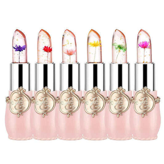 6er-Pack Crystal Flower Jelly Lipstick – Feuchtigkeitsspendender, farbwechselnder Lipgloss – Geschenk für Frauen