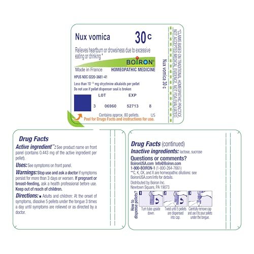 Boiron Nux Vomica 30C – Homöopathisches Mittel gegen Sodbrennen und Schläfrigkeit nach übermäßigem Essen oder Trinken – 80 Kügelchen