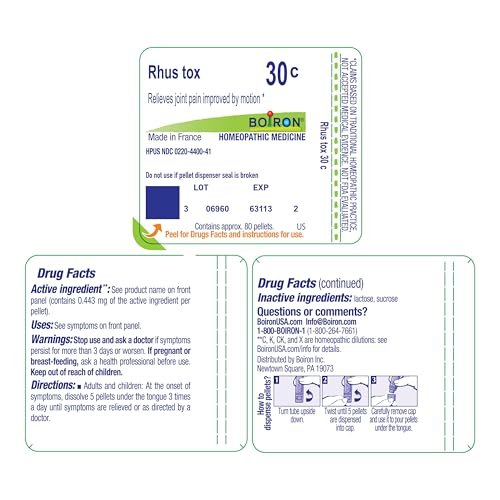 Boiron Rhus Tox 30C Homöopathisches Arzneimittel gegen Gelenkschmerzen, Muskelkater, geschwollene oder steife Gelenke und wetterbedingte Schmerzen – 3er-Pack (240 Kügelchen)