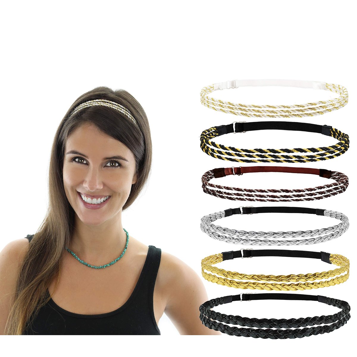 Beauté Galleria 6-teiliges verstellbares geflochtenes Stirnband – Doppelgeflochten & Dreifach-Zwirn-Elastik, Damen-Haarzubehör Hippie Boho Bohemian