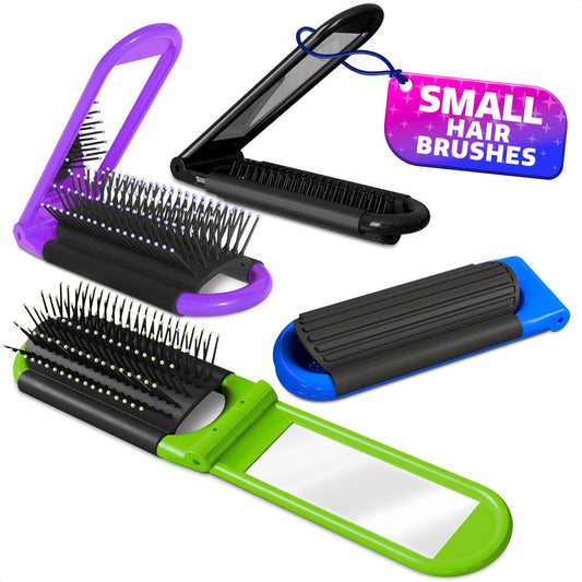 4er-Pack Reise-Haarbürste mit Spiegel und Massagekamm – Kompakte Faltbürste für Frauen in 4 Farben (Kunststoff & Nylonborsten, 10,8 cm Länge)