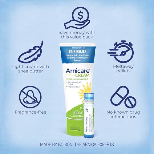 Boiron Arnicare Creme und Arnica 30c im Wertpaket gegen Schmerzen, Muskelkater und Schwellungen durch Prellungen oder Verletzungen – 2,5 oz + 80 Kügelchen