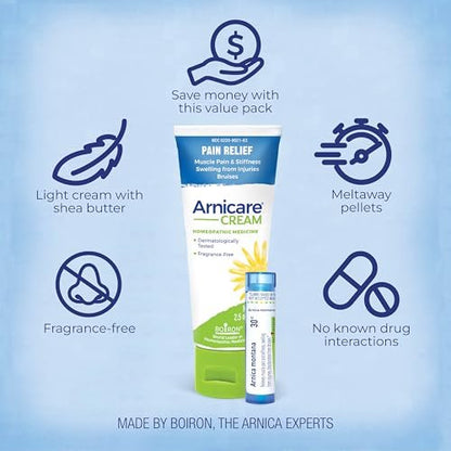 Boiron Arnicare Creme und Arnica 30c im Wertpaket gegen Schmerzen, Muskelkater und Schwellungen durch Prellungen oder Verletzungen – 2,5 oz + 80 Kügelchen