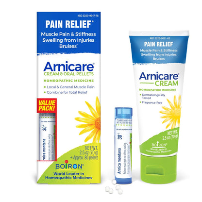 Boiron Arnicare Creme und Arnica 30c im Wertpaket gegen Schmerzen, Muskelkater und Schwellungen durch Prellungen oder Verletzungen – 2,5 oz + 80 Kügelchen