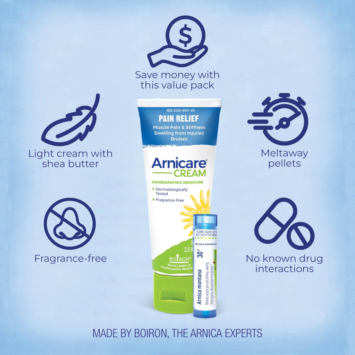 Boiron Arnicare Creme und Arnica 30c im Wertpaket gegen Schmerzen, Muskelkater und Schwellungen durch Prellungen oder Verletzungen – 2,5 oz + 80 Kügelchen