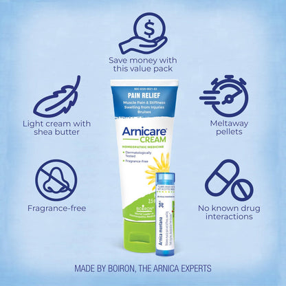 Boiron Arnicare Creme und Arnica 30c im Wertpaket gegen Schmerzen, Muskelkater und Schwellungen durch Prellungen oder Verletzungen – 2,5 oz + 80 Kügelchen