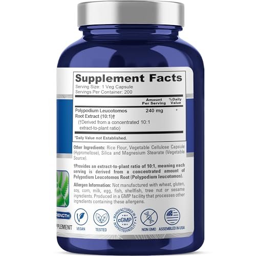 NusaPure Polypodium Leucotomos Kapseln, 240 mg, 200 vegane Kapseln (Non-GMO, vegan)