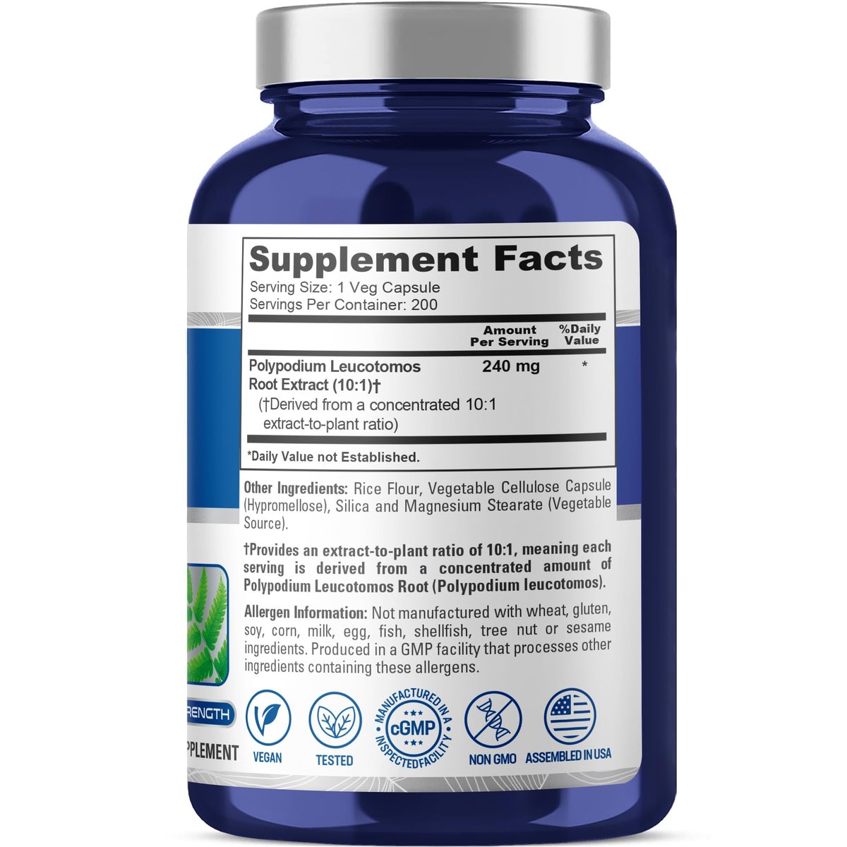 NusaPure Polypodium Leucotomos Kapseln, 240 mg, 200 vegane Kapseln (Non-GMO, vegan)