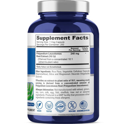 NusaPure Polypodium Leucotomos Kapseln, 240 mg, 200 vegane Kapseln (Non-GMO, vegan)