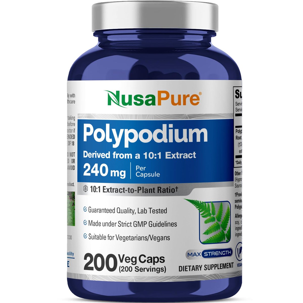 NusaPure Polypodium Leucotomos Kapseln, 240 mg, 200 vegane Kapseln (Non-GMO, vegan)