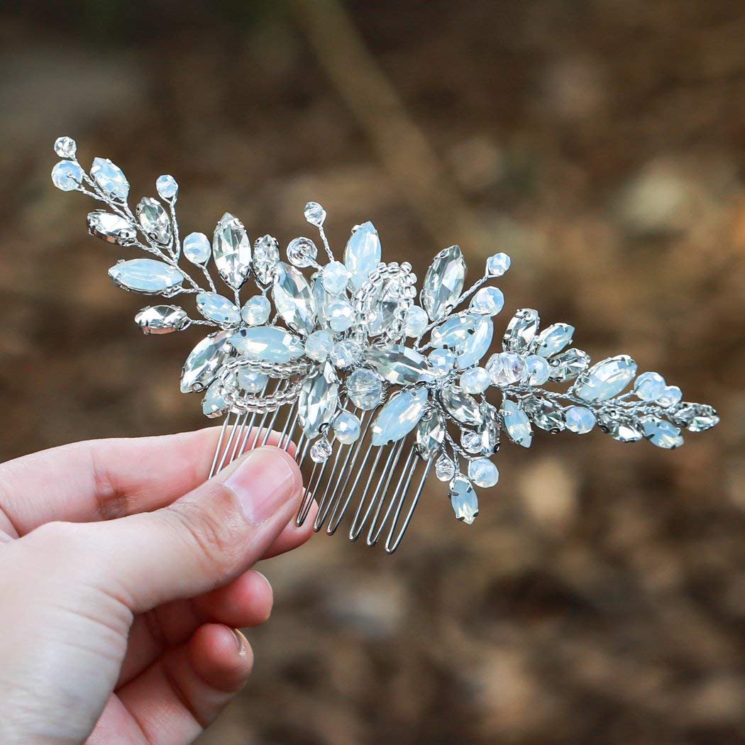 Yean Silberner Hochzeits-Haarkamm mit Rhinestone-Opal-Kristall – Vintage Braut-Haaraccessoire für Bräute und Brautjungfern