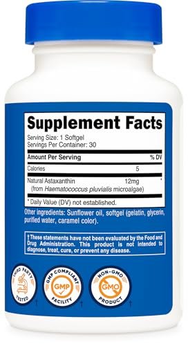 Nutricost Astaxanthin 12 mg – 30 Weichkapseln, Non-GMO & Glutenfrei