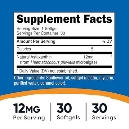 Nutricost Astaxanthin 12 mg – 30 Weichkapseln, Non-GMO & Glutenfrei