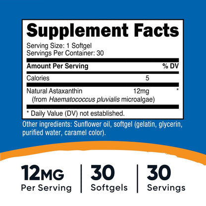 Nutricost Astaxanthin 12 mg – 30 Weichkapseln, Non-GMO & Glutenfrei