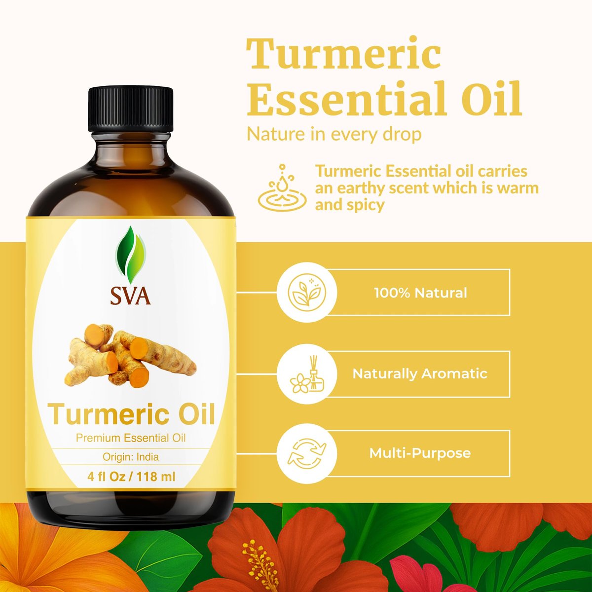 SVA Kurkuma Ätherisches Öl – 118 ml – 100% Natürliches Kurkumaöl – für Diffuser, Haarpflege, Gesicht, Hautpflege, Aromatherapie, Kopfhaut- und Körpermassage, Seifen- und Kerzenherstellung – mit Pipette
