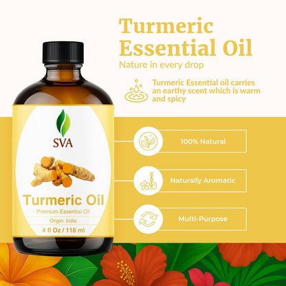 SVA Kurkuma Ätherisches Öl – 118 ml – 100% Natürliches Kurkumaöl – für Diffuser, Haarpflege, Gesicht, Hautpflege, Aromatherapie, Kopfhaut- und Körpermassage, Seifen- und Kerzenherstellung – mit Pipette