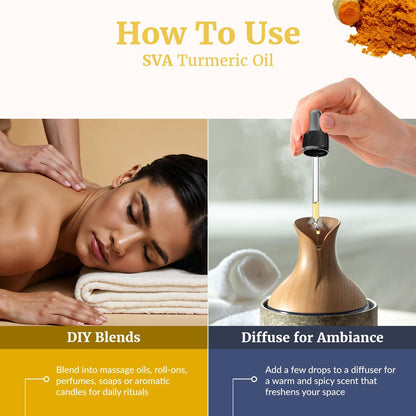 SVA Kurkuma Ätherisches Öl – 118 ml – 100% Natürliches Kurkumaöl – für Diffuser, Haarpflege, Gesicht, Hautpflege, Aromatherapie, Kopfhaut- und Körpermassage, Seifen- und Kerzenherstellung – mit Pipette