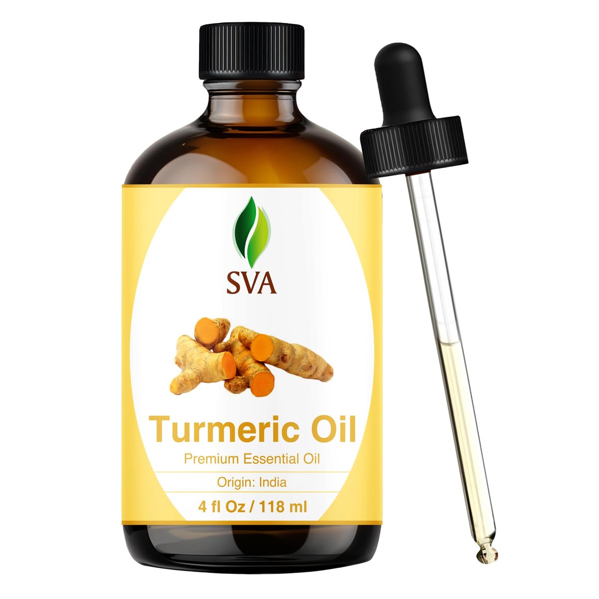 SVA Kurkuma Ätherisches Öl – 118 ml – 100% Natürliches Kurkumaöl – für Diffuser, Haarpflege, Gesicht, Hautpflege, Aromatherapie, Kopfhaut- und Körpermassage, Seifen- und Kerzenherstellung – mit Pipette