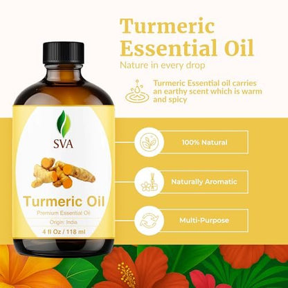 SVA Kurkuma Ätherisches Öl – 118 ml – 100% Natürliches Kurkumaöl – für Diffuser, Haarpflege, Gesicht, Hautpflege, Aromatherapie, Kopfhaut- und Körpermassage, Seifen- und Kerzenherstellung – mit Pipette