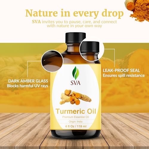 SVA Kurkuma Ätherisches Öl – 118 ml – 100% Natürliches Kurkumaöl – für Diffuser, Haarpflege, Gesicht, Hautpflege, Aromatherapie, Kopfhaut- und Körpermassage, Seifen- und Kerzenherstellung – mit Pipette