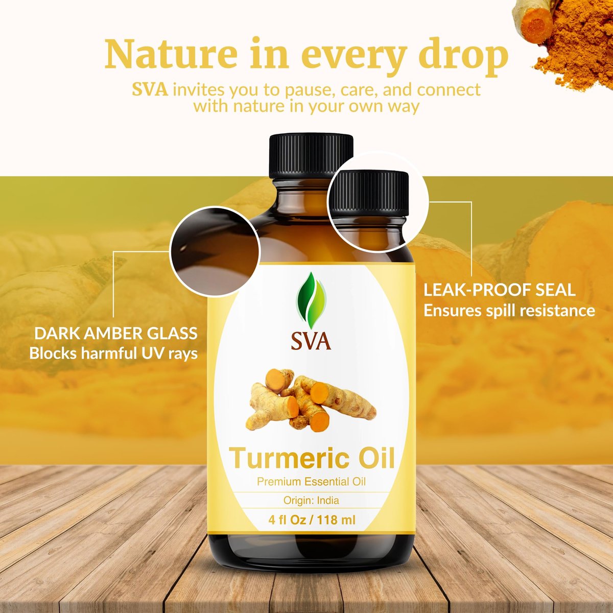 SVA Kurkuma Ätherisches Öl – 118 ml – 100% Natürliches Kurkumaöl – für Diffuser, Haarpflege, Gesicht, Hautpflege, Aromatherapie, Kopfhaut- und Körpermassage, Seifen- und Kerzenherstellung – mit Pipette