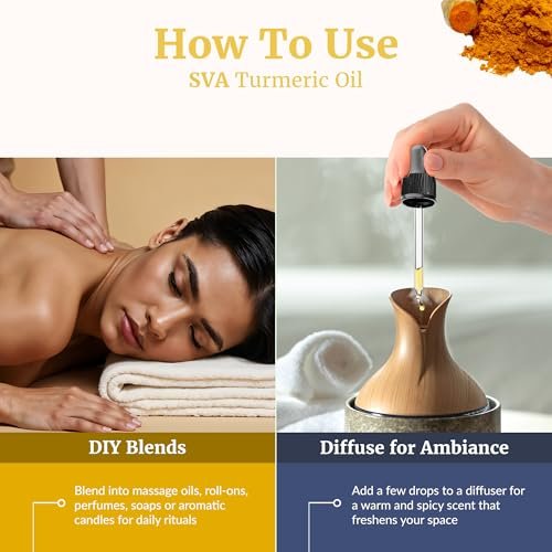 SVA Kurkuma Ätherisches Öl – 118 ml – 100% Natürliches Kurkumaöl – für Diffuser, Haarpflege, Gesicht, Hautpflege, Aromatherapie, Kopfhaut- und Körpermassage, Seifen- und Kerzenherstellung – mit Pipette