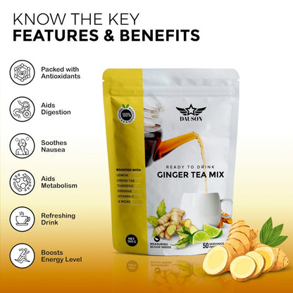 Erfrischender Ingwer-Kurkuma-Tee-Mix | Mischung aus entkoffeiniertem grünem Tee, Zitrone, Lakritz, Vitamin C – Koffeinfrei, vegan, magenfreundlicher Detox-Tee - Kräuterteepulver - 50 Portionen