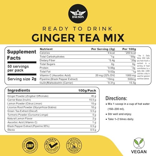 Erfrischender Ingwer-Kurkuma-Tee-Mix | Mischung aus entkoffeiniertem grünem Tee, Zitrone, Lakritz, Vitamin C – Koffeinfrei, vegan, magenfreundlicher Detox-Tee - Kräuterteepulver - 50 Portionen