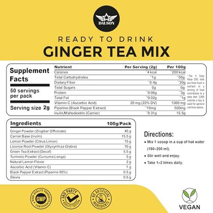 Erfrischender Ingwer-Kurkuma-Tee-Mix | Mischung aus entkoffeiniertem grünem Tee, Zitrone, Lakritz, Vitamin C – Koffeinfrei, vegan, magenfreundlicher Detox-Tee - Kräuterteepulver - 50 Portionen