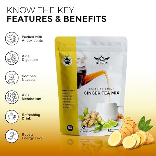 Erfrischender Ingwer-Kurkuma-Tee-Mix | Mischung aus entkoffeiniertem grünem Tee, Zitrone, Lakritz, Vitamin C – Koffeinfrei, vegan, magenfreundlicher Detox-Tee - Kräuterteepulver - 50 Portionen