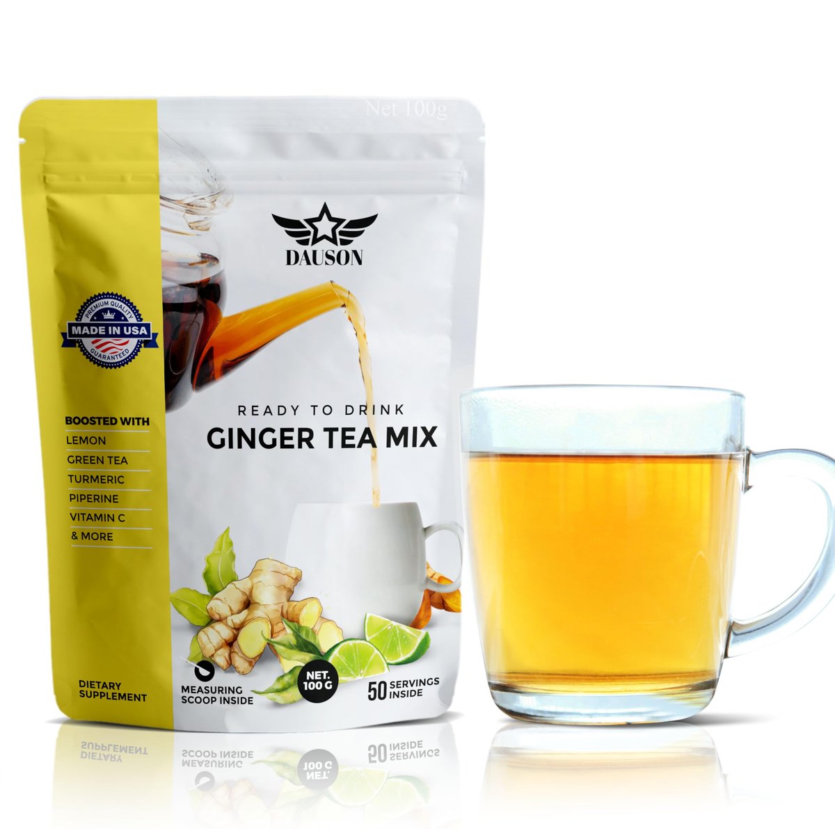 Erfrischender Ingwer-Kurkuma-Tee-Mix | Mischung aus entkoffeiniertem grünem Tee, Zitrone, Lakritz, Vitamin C – Koffeinfrei, vegan, magenfreundlicher Detox-Tee - Kräuterteepulver - 50 Portionen