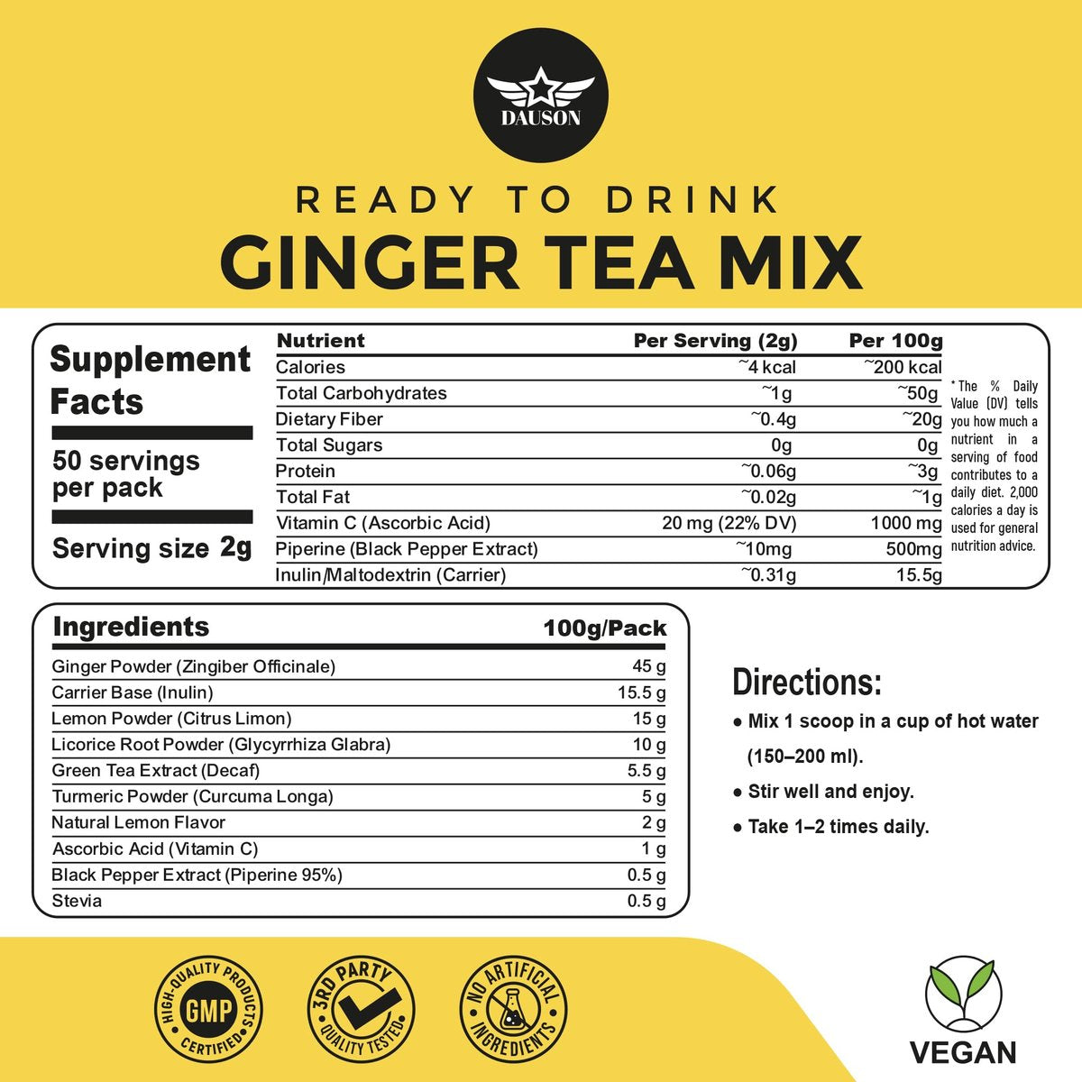 Erfrischender Ingwer-Kurkuma-Tee-Mix | Mischung aus entkoffeiniertem grünem Tee, Zitrone, Lakritz, Vitamin C – Koffeinfrei, vegan, magenfreundlicher Detox-Tee - Kräuterteepulver - 50 Portionen