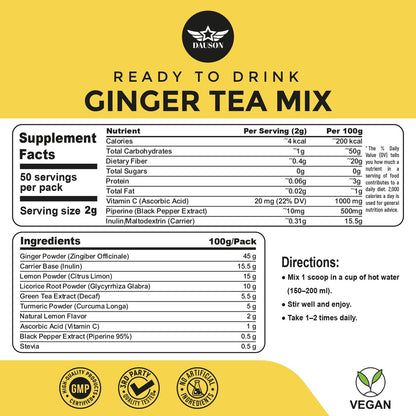 Erfrischender Ingwer-Kurkuma-Tee-Mix | Mischung aus entkoffeiniertem grünem Tee, Zitrone, Lakritz, Vitamin C – Koffeinfrei, vegan, magenfreundlicher Detox-Tee - Kräuterteepulver - 50 Portionen