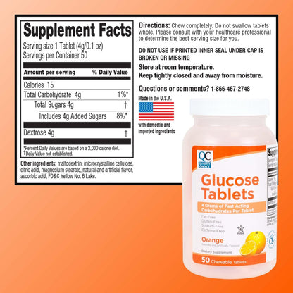 Quality Choice Schnell wirkende Glukosetabletten mit Orangengeschmack, 50 Stück