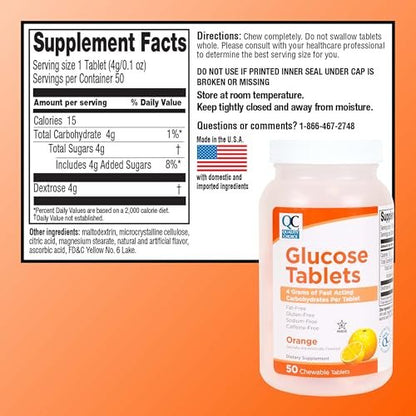 Quality Choice Schnell wirkende Glukosetabletten mit Orangengeschmack, 50 Stück
